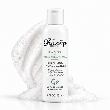 Teacup Cosmetics Sea Moss + White Willow Bark Balancing Facial Cleanser with cleansing foam