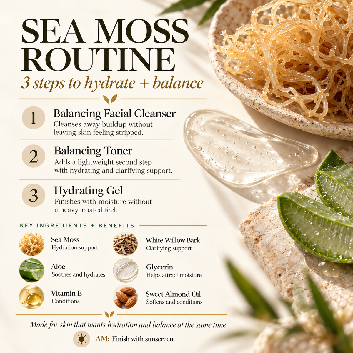 Teacup Cosmetics Sea Moss + White Willow Bark three-step hydration and balance routine infographic