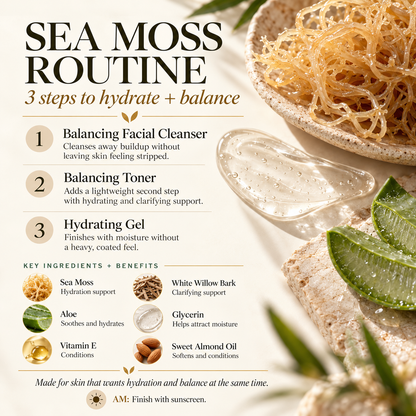 Teacup Cosmetics Sea Moss + White Willow Bark three-step hydration and balance routine infographic