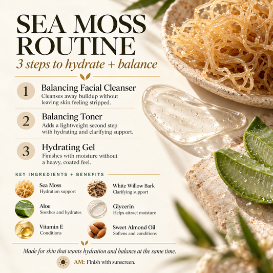 Teacup Cosmetics Sea Moss + White Willow Bark three-step hydration and balance routine infographic