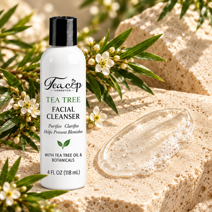 Teacup Cosmetics Tea Tree Facial Cleanser with clear gel texture and tea tree botanicals
