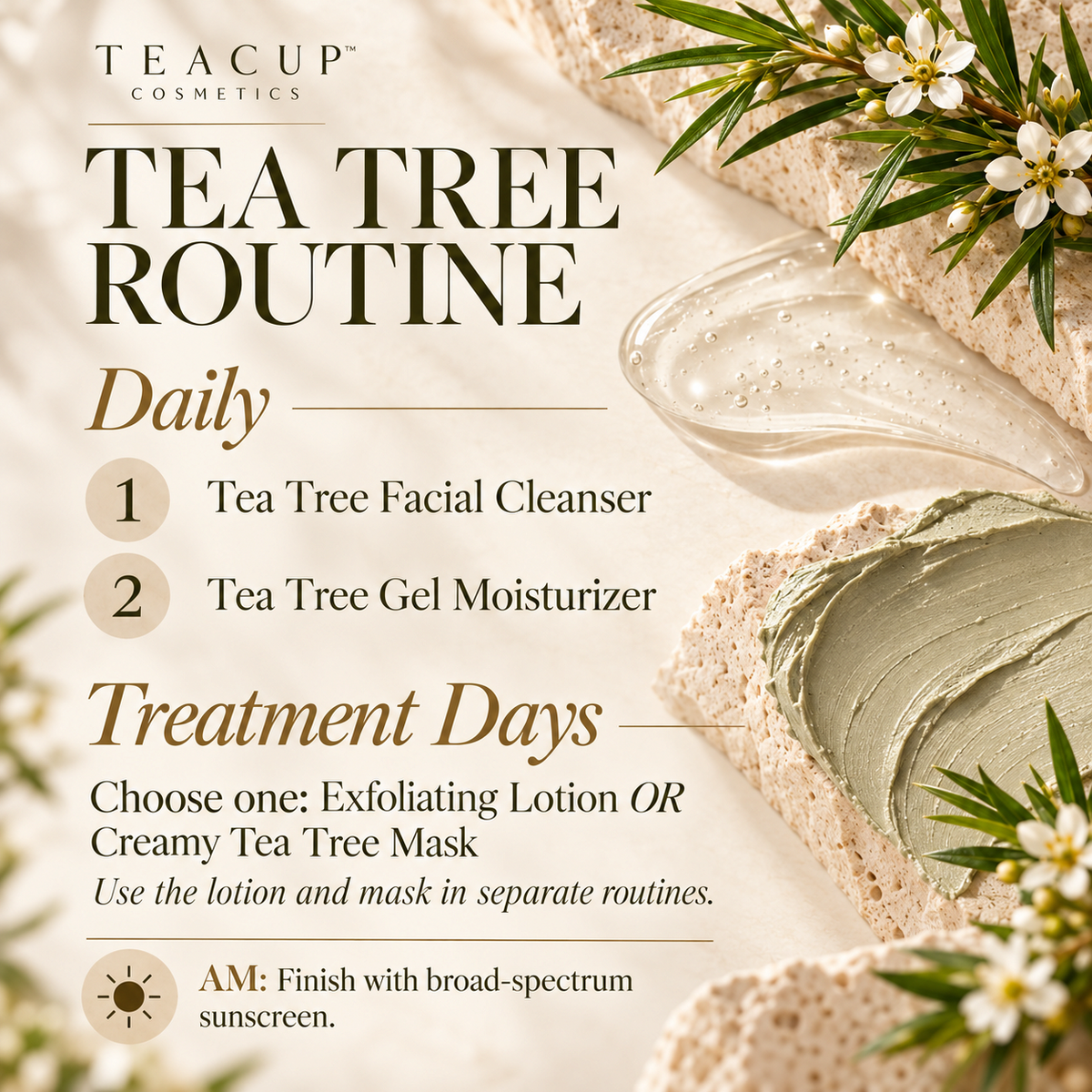 Teacup Cosmetics Tea Tree daily routine and treatment-day guide