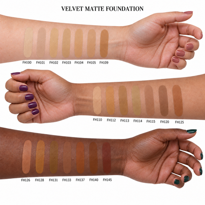 Teacup Cosmetics Velvet Matte Foundation, 21 labeled shades split across light, tan and dark arms