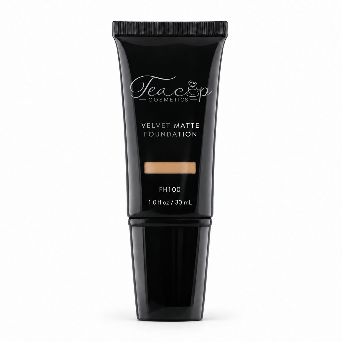 Teacup Cosmetics Velvet Matte Foundation 100 in black pump tube with shade window, 30 mL