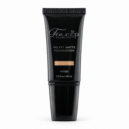 Teacup Cosmetics Velvet Matte Foundation 100 in black pump tube with shade window, 30 mL