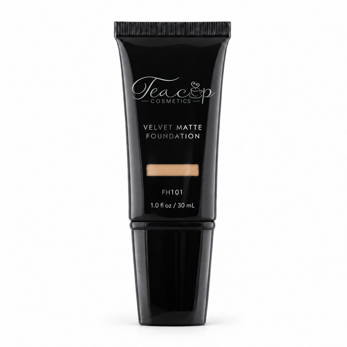 Teacup Cosmetics Velvet Matte Foundation 101 in black pump tube with shade window, 30 mL