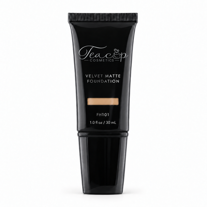 Teacup Cosmetics Velvet Matte Foundation 101 in black pump tube with shade window, 30 mL