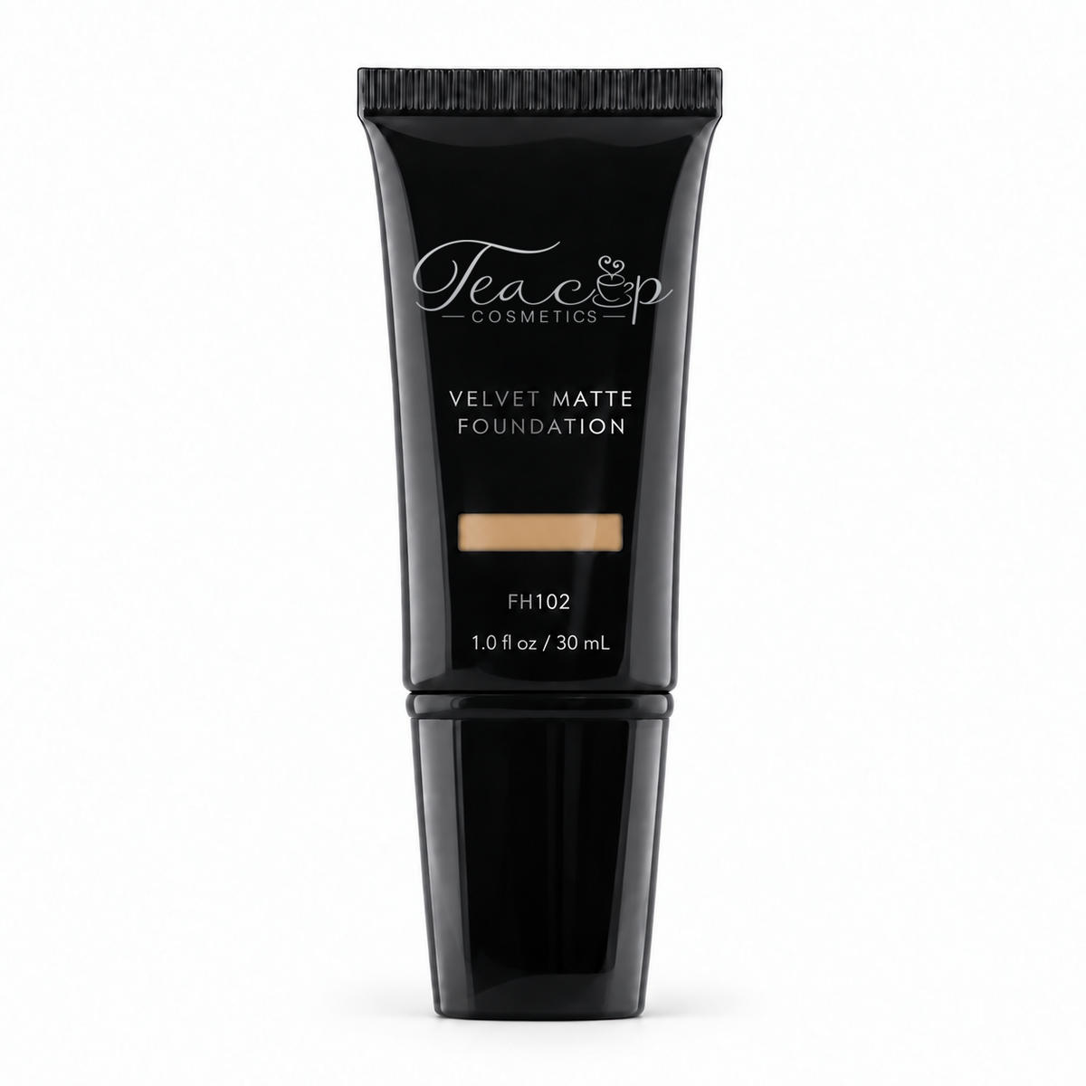 Teacup Cosmetics Velvet Matte Foundation 102 in black pump tube with shade window, 30 mL