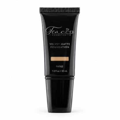 Teacup Cosmetics Velvet Matte Foundation 102 in black pump tube with shade window, 30 mL