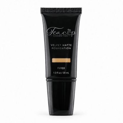 Teacup Cosmetics Velvet Matte Foundation 103 in black pump tube with shade window, 30 mL
