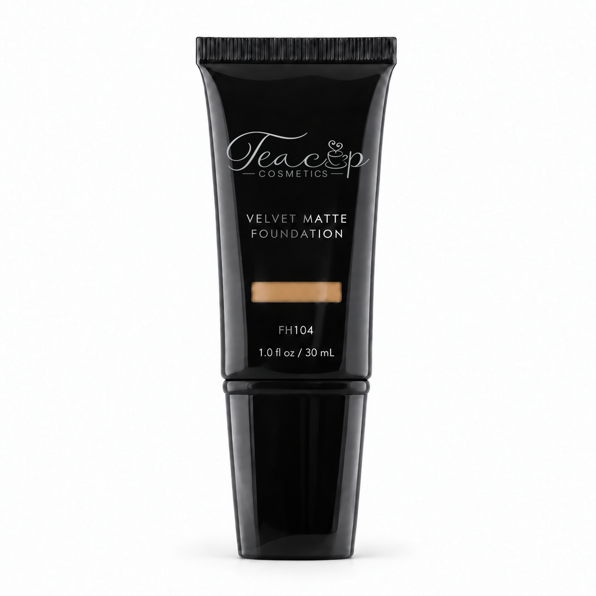 Teacup Cosmetics Velvet Matte Foundation 104 in black pump tube with shade window, 30 mL