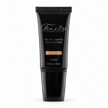 Teacup Cosmetics Velvet Matte Foundation 104 in black pump tube with shade window, 30 mL