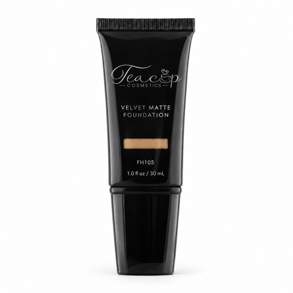 Teacup Cosmetics Velvet Matte Foundation 105 in black pump tube with shade window, 30 mL