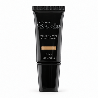 Teacup Cosmetics Velvet Matte Foundation 105 in black pump tube with shade window, 30 mL