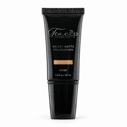 Teacup Cosmetics Velvet Matte Foundation 109 in black pump tube with shade window, 30 mL