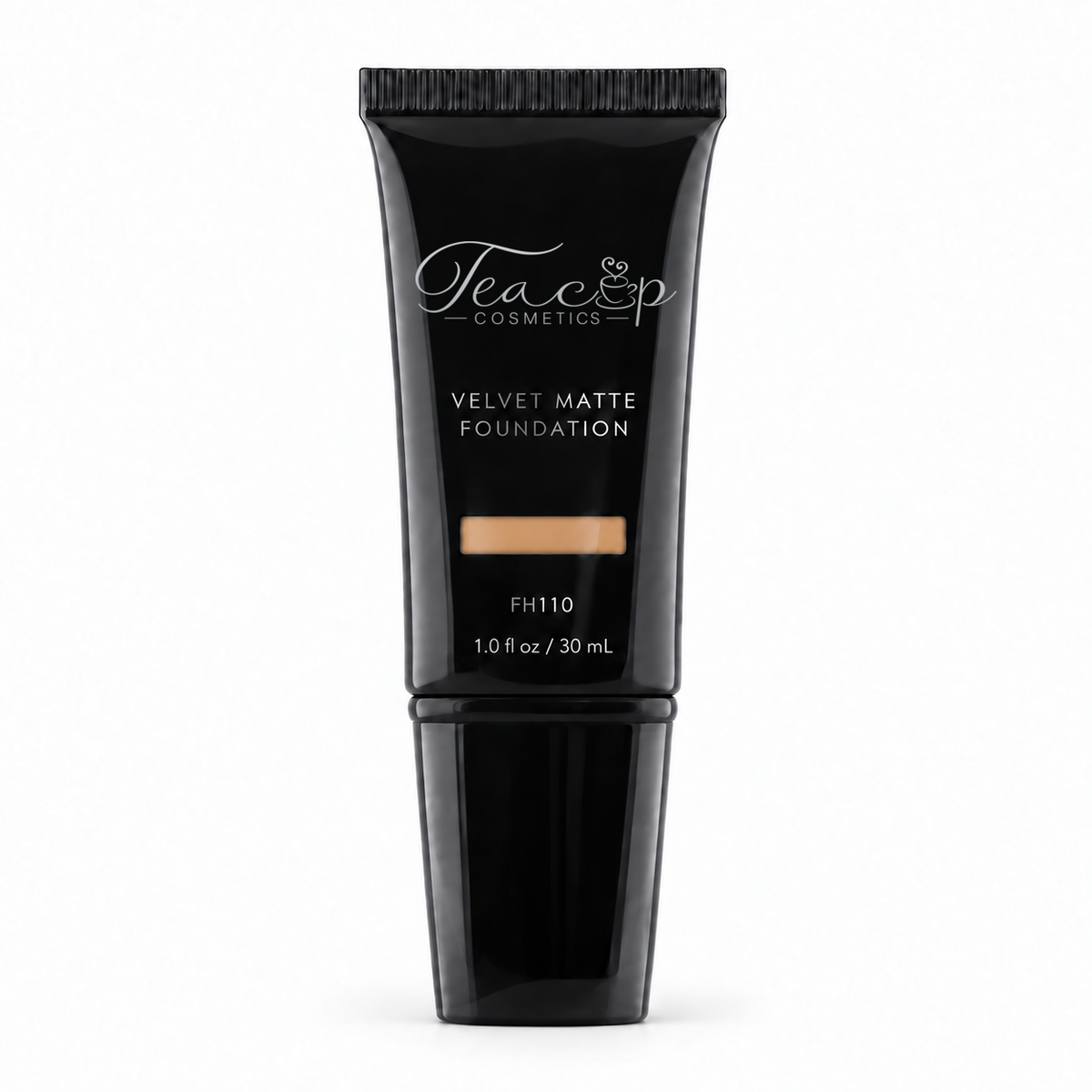 Teacup Cosmetics Velvet Matte Foundation 110 in black pump tube with shade window, 30 mL