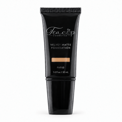 Teacup Cosmetics Velvet Matte Foundation 110 in black pump tube with shade window, 30 mL