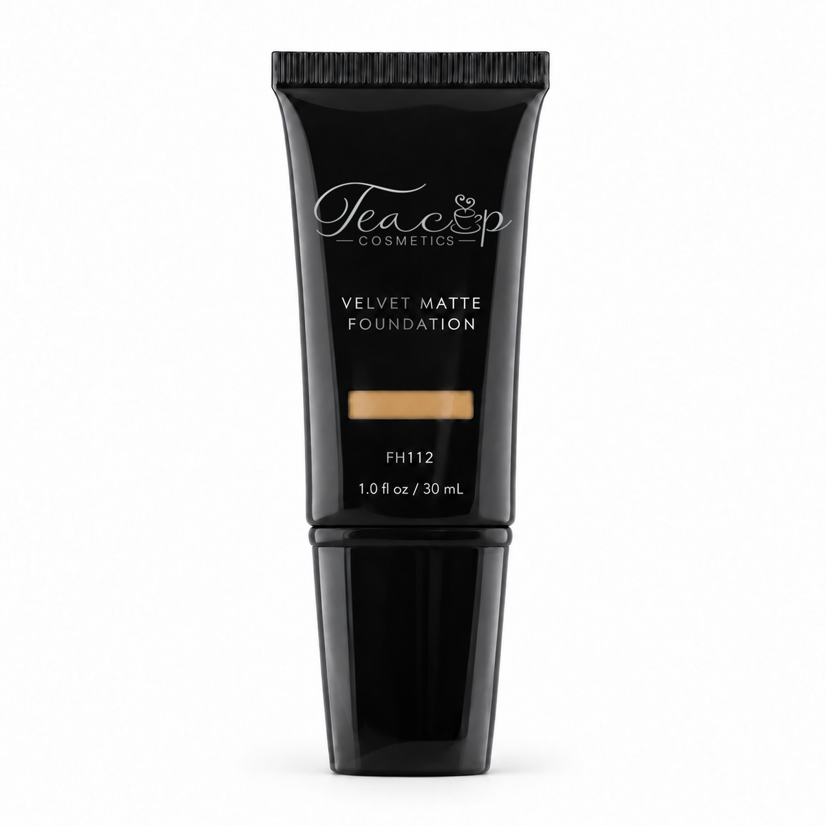 Teacup Cosmetics Velvet Matte Foundation 112 in black pump tube with shade window, 30 mL