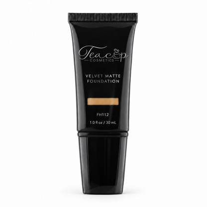 Teacup Cosmetics Velvet Matte Foundation 112 in black pump tube with shade window, 30 mL