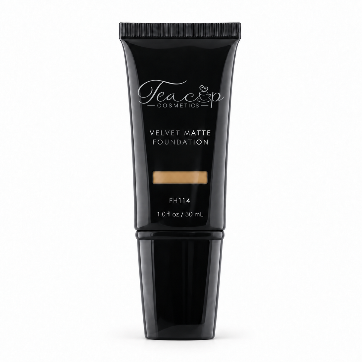 Teacup Cosmetics Velvet Matte Foundation 114 in black pump tube with shade window, 30 mL