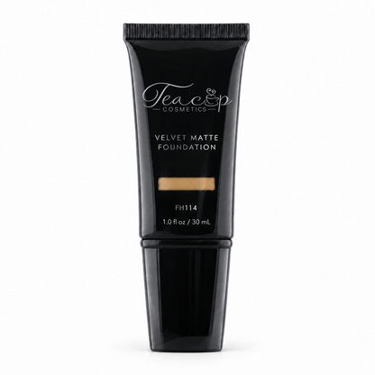 Teacup Cosmetics Velvet Matte Foundation 114 in black pump tube with shade window, 30 mL