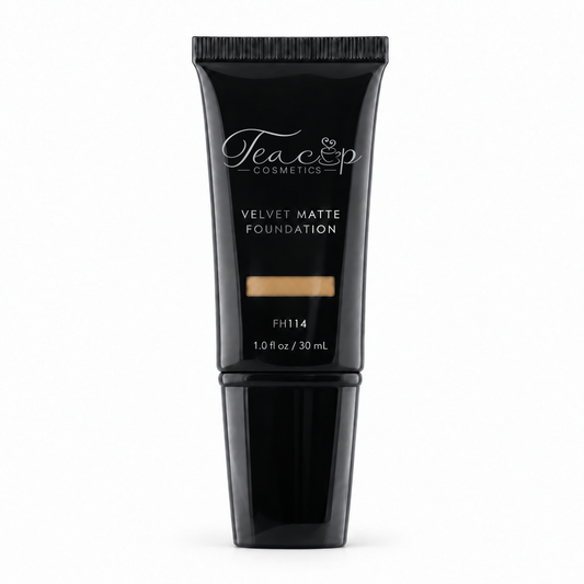 Teacup Cosmetics Velvet Matte Foundation 114 in black pump tube with shade window, 30 mL