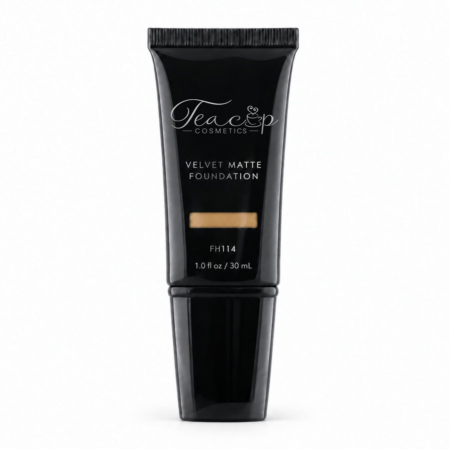 Teacup Cosmetics Velvet Matte Foundation 114 in black pump tube with shade window, 30 mL