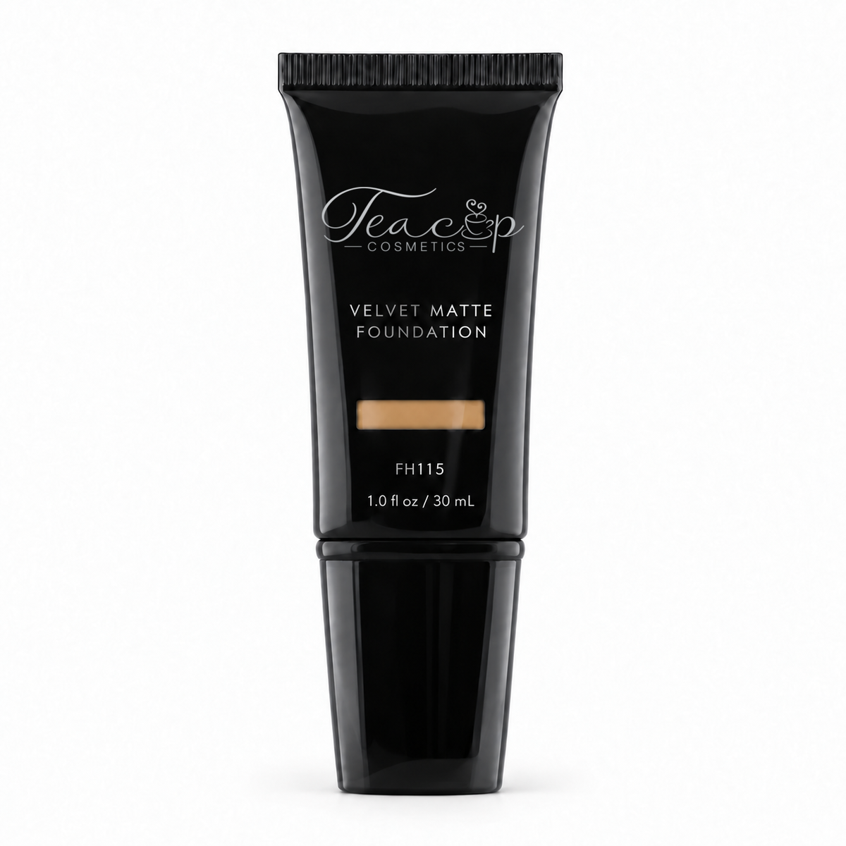 Teacup Cosmetics Velvet Matte Foundation 115 in black pump tube with shade window, 30 mL