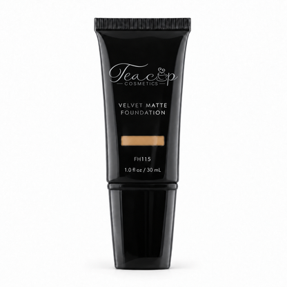 Teacup Cosmetics Velvet Matte Foundation 115 in black pump tube with shade window, 30 mL