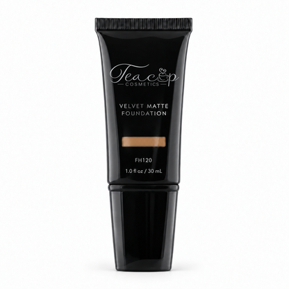 Teacup Cosmetics Velvet Matte Foundation 120 in black pump tube with shade window, 30 mL