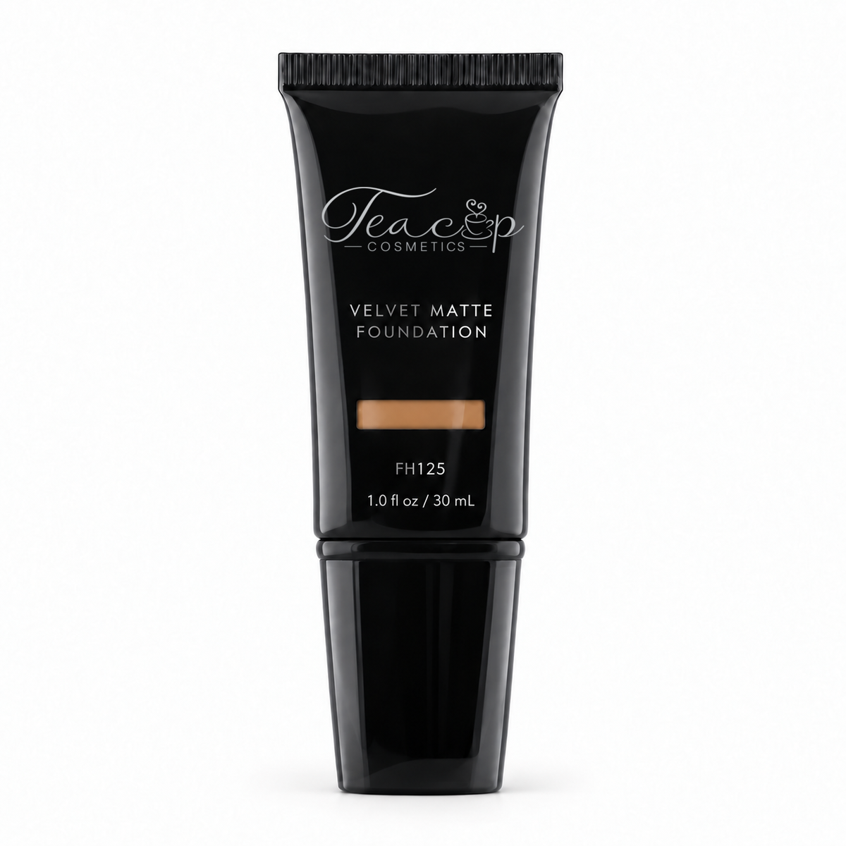 Teacup Cosmetics Velvet Matte Foundation 125 in black pump tube with shade window, 30 mL