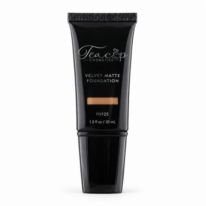 Teacup Cosmetics Velvet Matte Foundation 125 in black pump tube with shade window, 30 mL