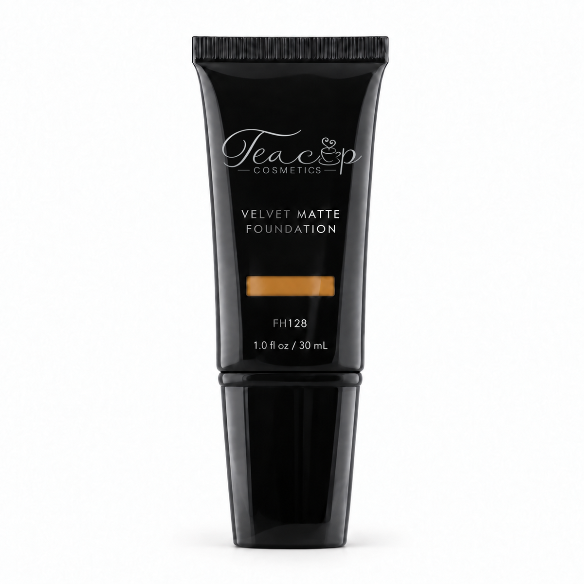Teacup Cosmetics Velvet Matte Foundation 128 in black pump tube with shade window, 30 mL