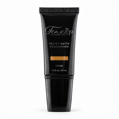 Teacup Cosmetics Velvet Matte Foundation 128 in black pump tube with shade window, 30 mL