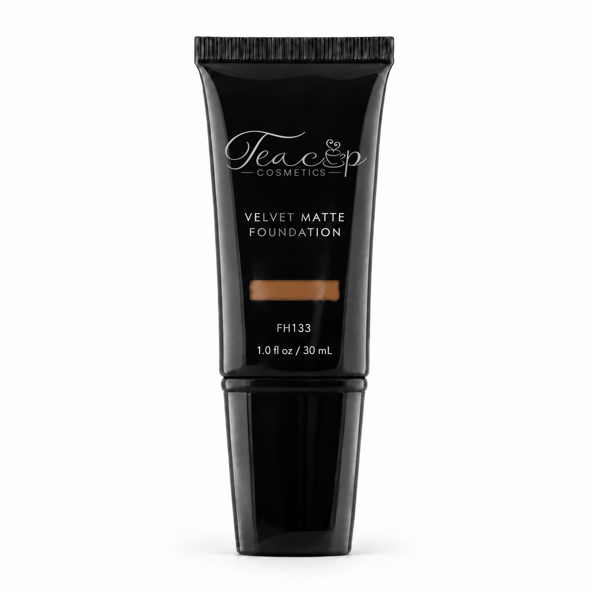 Teacup Cosmetics Velvet Matte Foundation 133 in black pump tube with shade window, 30 mL