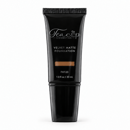 Teacup Cosmetics Velvet Matte Foundation 133 in black pump tube with shade window, 30 mL