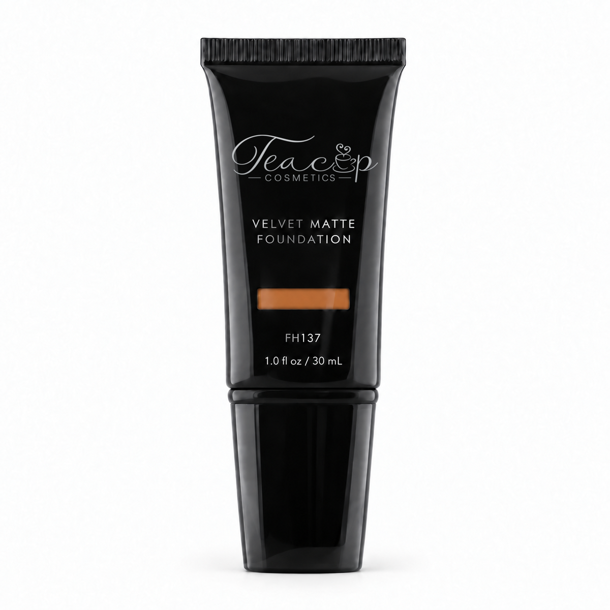 Teacup Cosmetics Velvet Matte Foundation 137 in black pump tube with shade window, 30 mL