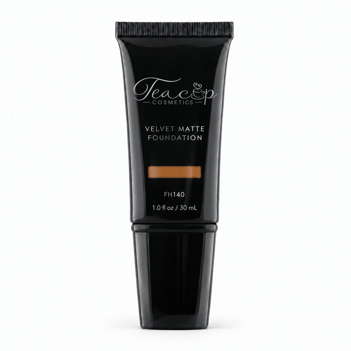 Teacup Cosmetics Velvet Matte Foundation 140 in black pump tube with shade window, 30 mL