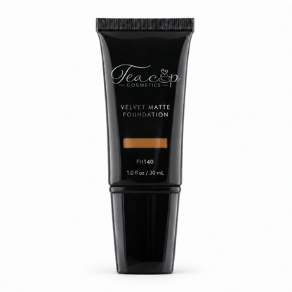 Teacup Cosmetics Velvet Matte Foundation 140 in black pump tube with shade window, 30 mL