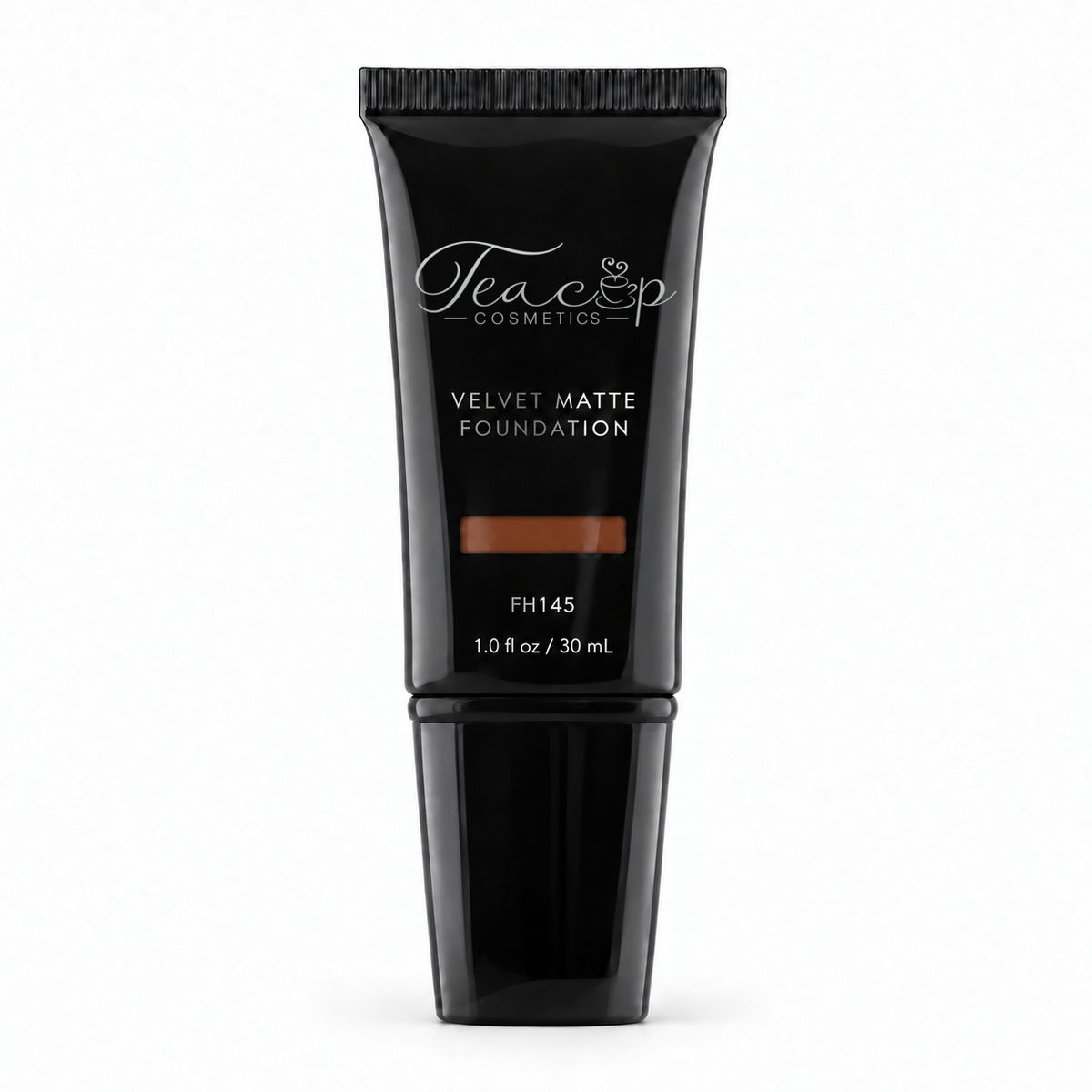 Teacup Cosmetics Velvet Matte Foundation 145 in black pump tube with shade window, 30 mL