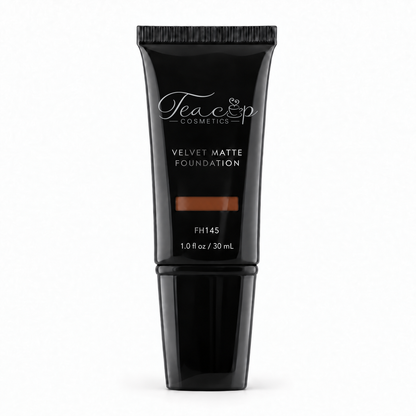 Teacup Cosmetics Velvet Matte Foundation 145 in black pump tube with shade window, 30 mL